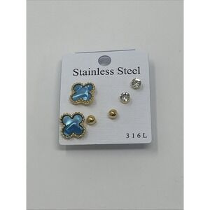 NWT 3 Pairs Gold Tone Stainless Steel Blue Four Leaf Clover Stud Earring
